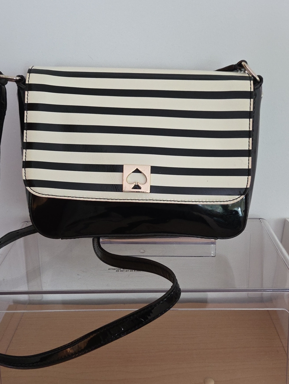 kate spade Black and White Striped Patent Flap Crossbody, EUC